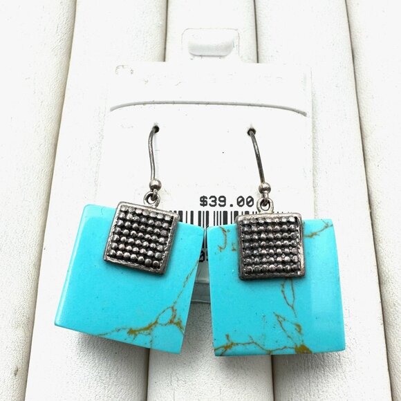 Turquoise and Silver Square Earrings - Picture 4 of 5
